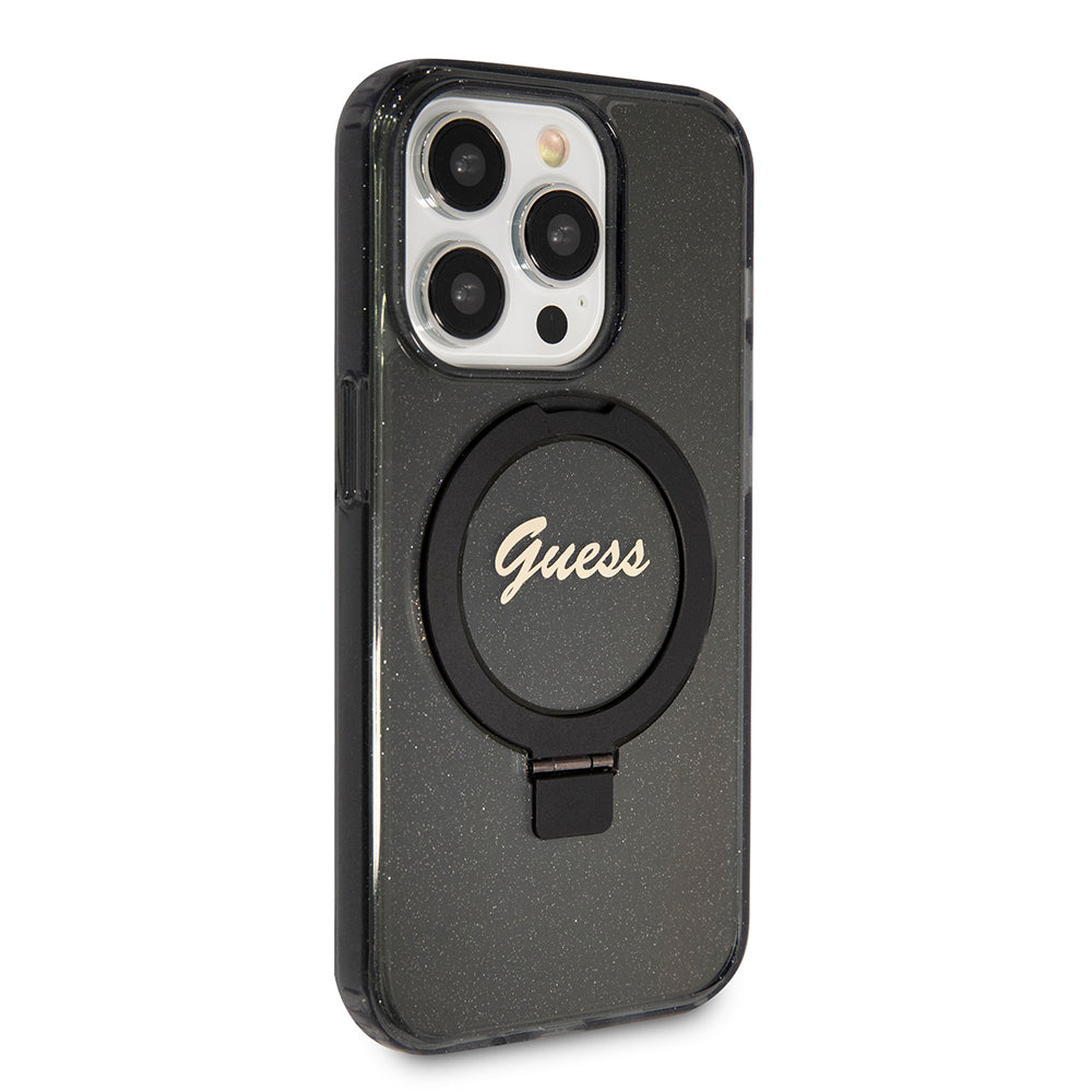 Coque MagSafe pour Apple iPhone 15 Pro, Guess, IML Ring Stand Glitter, Noire