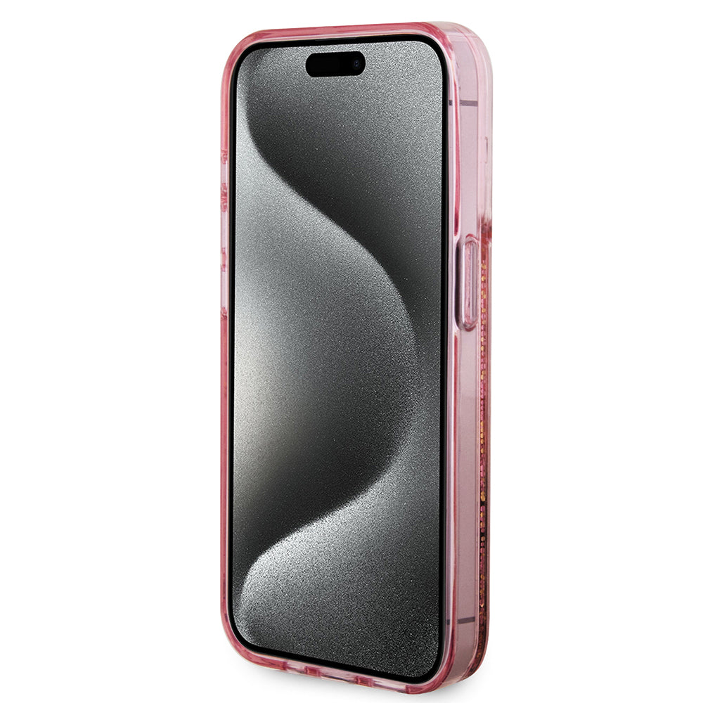 Custodia per Apple iPhone 15 Pro, Guess, Liquid Glitter Gold Stripes, Rosa