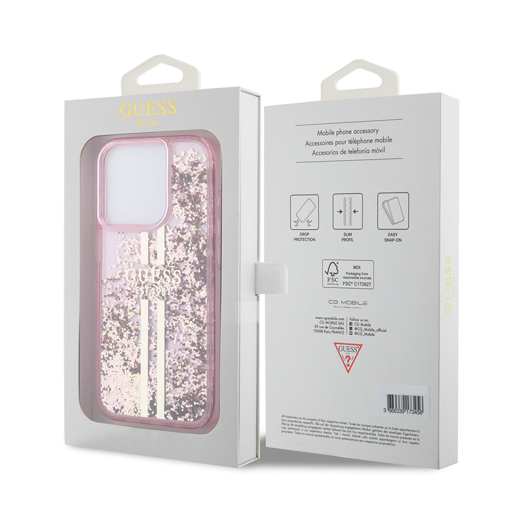 Custodia per Apple iPhone 15 Pro, Guess, Liquid Glitter Gold Stripes, Rosa