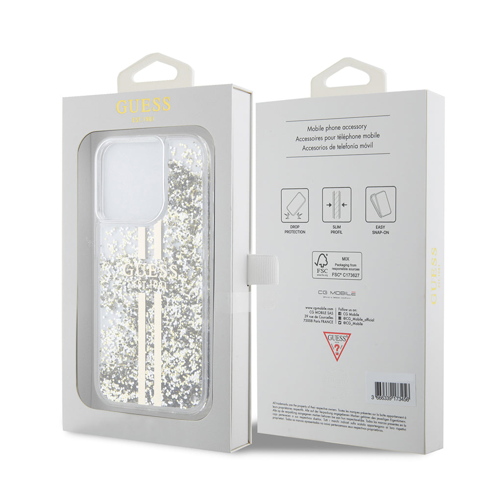 Custodia per Apple iPhone 15 Pro, Guess, Liquid Glitter Gold Stripes, Trasparente