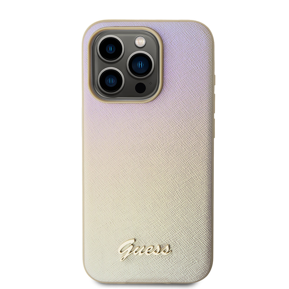 Hülle für Apple iPhone 15 Pro, Guess, Saffiano Iridescent Script, Gold