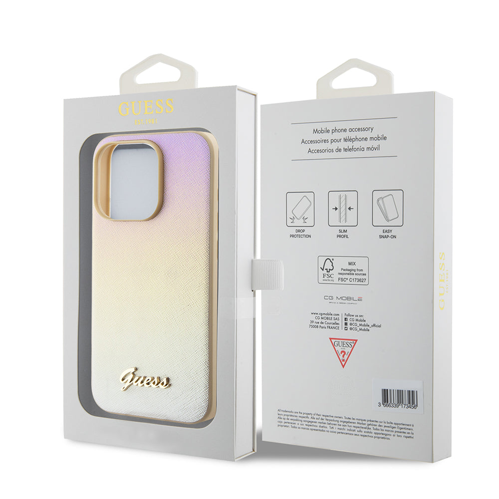 Hülle für Apple iPhone 15 Pro, Guess, Saffiano Iridescent Script, Gold