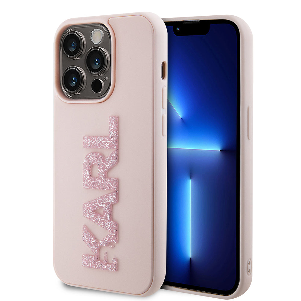Étui pour Apple iPhone 15 Pro, Karl Lagerfeld, Logo Karl en caoutchouc pailleté 3D, Rose