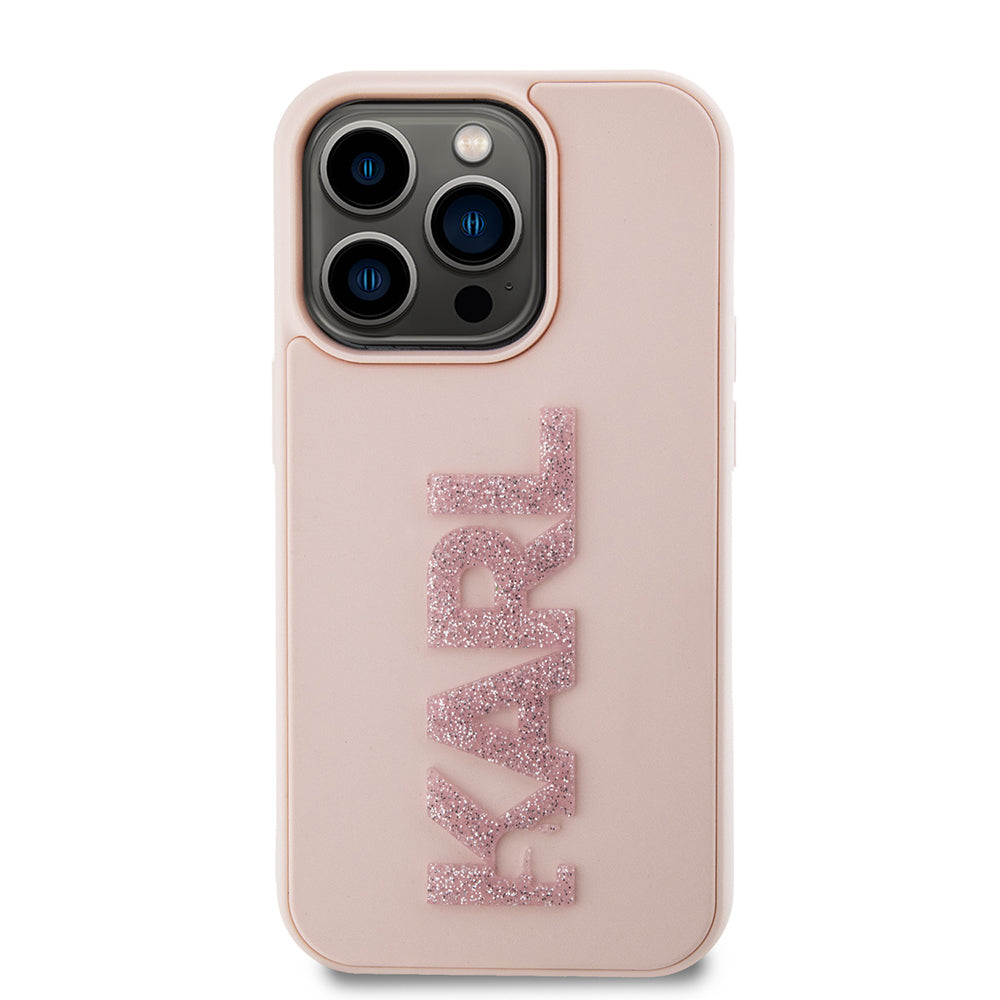 Étui pour Apple iPhone 15 Pro, Karl Lagerfeld, Logo Karl en caoutchouc pailleté 3D, Rose