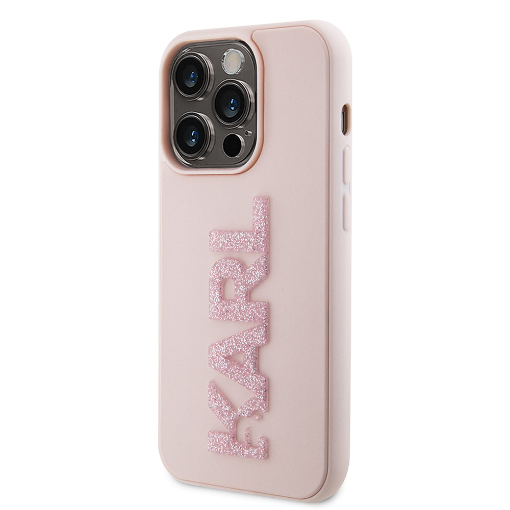 Étui pour Apple iPhone 15 Pro, Karl Lagerfeld, Logo Karl en caoutchouc pailleté 3D, Rose