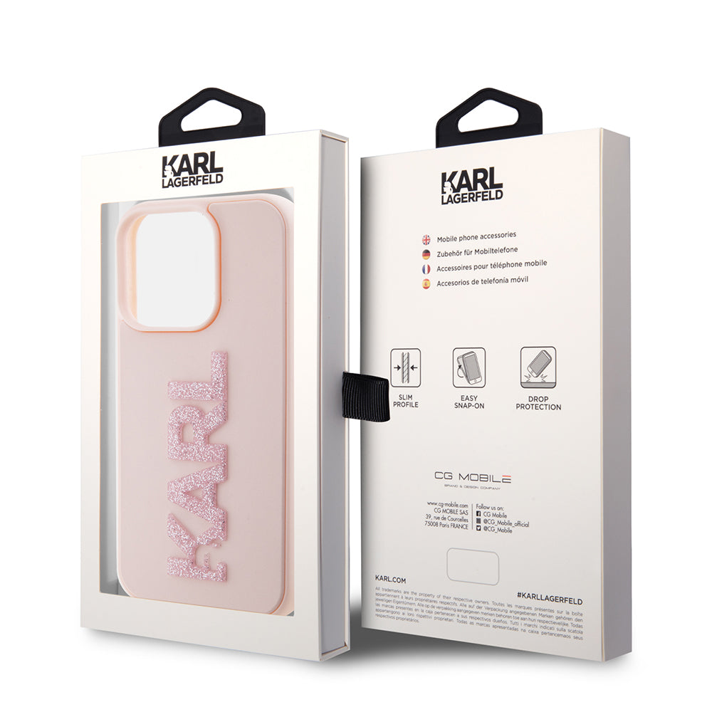 Étui pour Apple iPhone 15 Pro, Karl Lagerfeld, Logo Karl en caoutchouc pailleté 3D, Rose