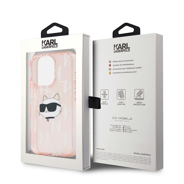 Custodia per Apple iPhone 15 Pro, Karl Lagerfeld, IML Luxury Monogram Choupette's Head, Rosa