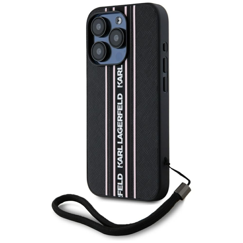 Case for Apple iPhone 15 Pro, Karl Lagerfeld, Saffiano Athleisure Stripes with Strap, Pink