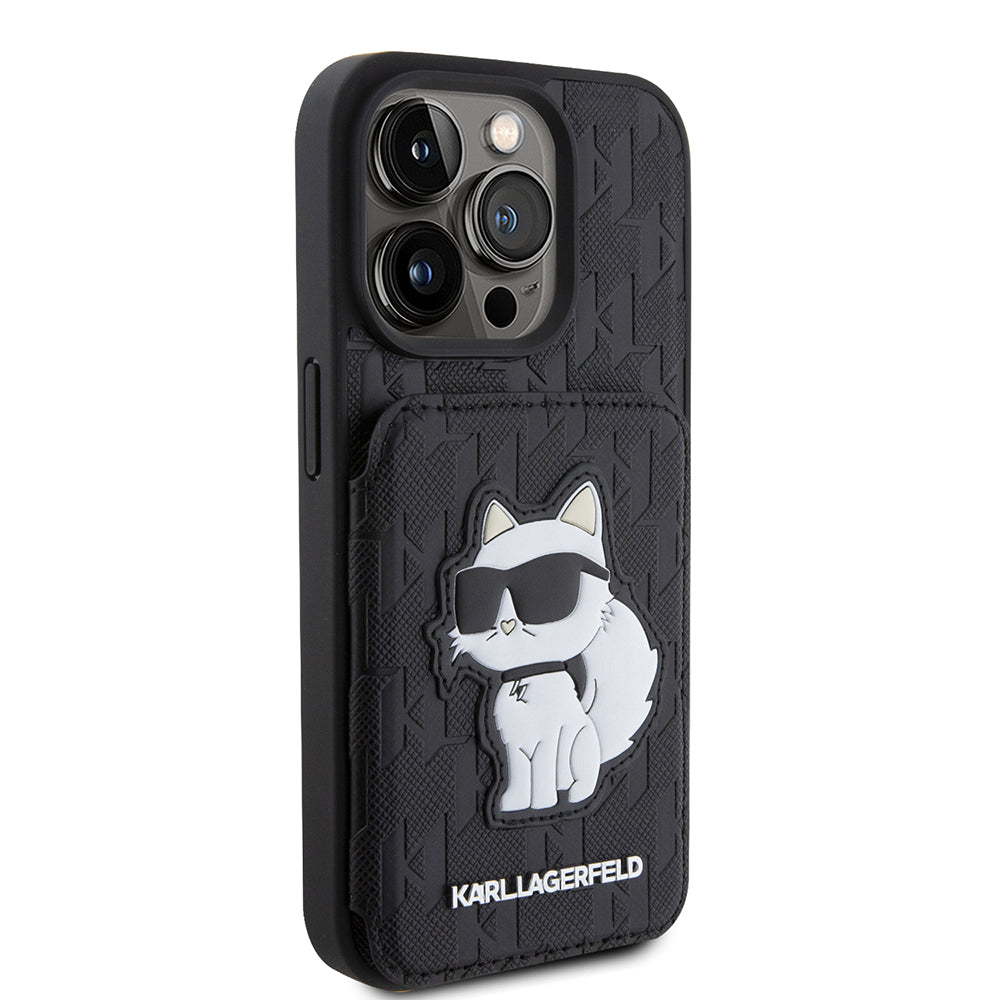 Étui pour Apple iPhone 15 Pro, Karl Lagerfeld, Saffiano Cardslots and Stand Monogram Choupette, Noir