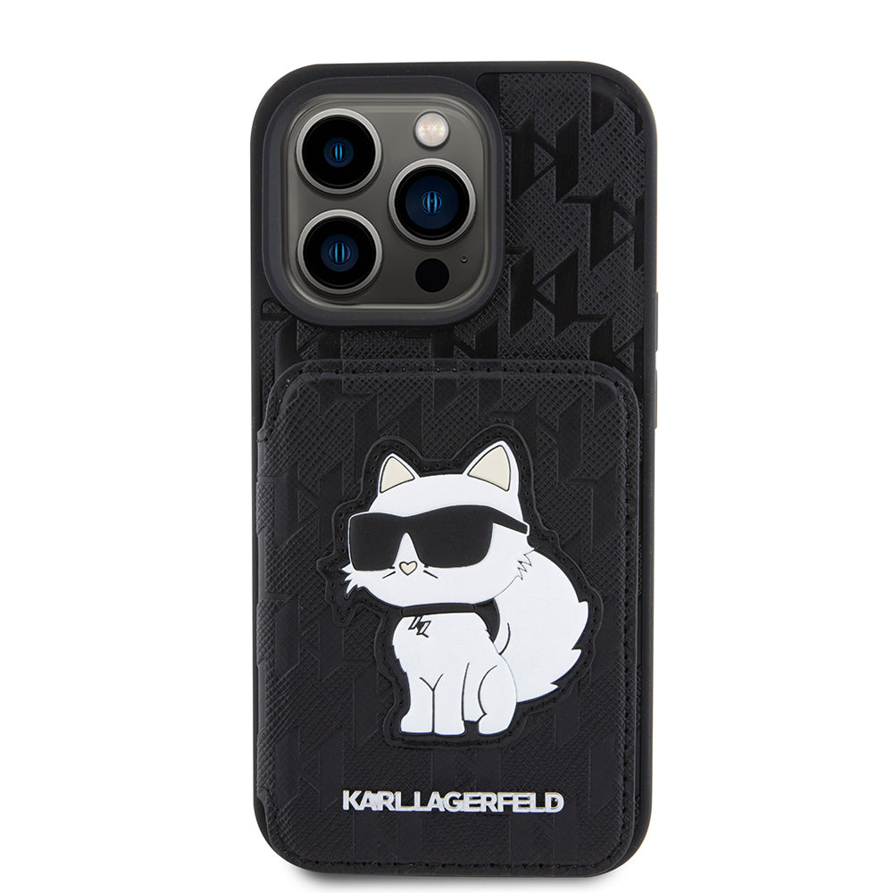 Étui pour Apple iPhone 15 Pro, Karl Lagerfeld, Saffiano Cardslots and Stand Monogram Choupette, Noir