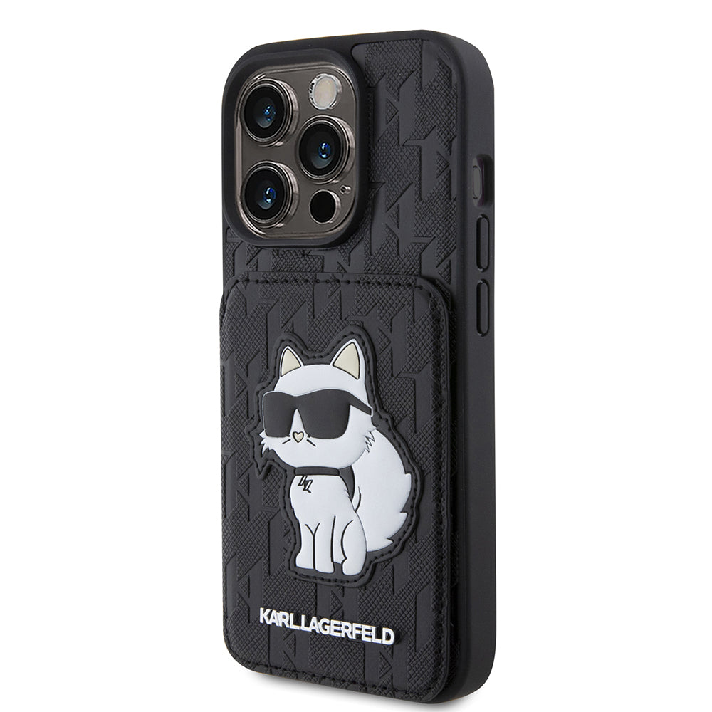 Étui pour Apple iPhone 15 Pro, Karl Lagerfeld, Saffiano Cardslots and Stand Monogram Choupette, Noir