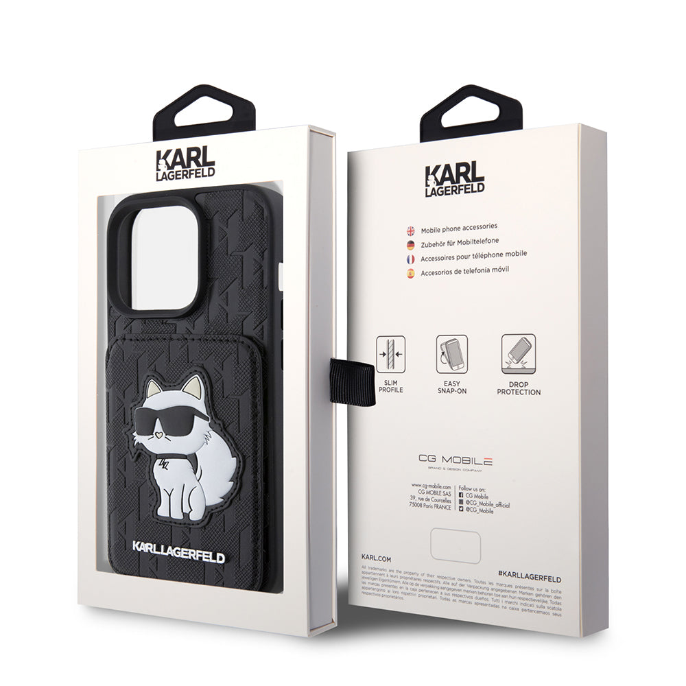 Étui pour Apple iPhone 15 Pro, Karl Lagerfeld, Saffiano Cardslots and Stand Monogram Choupette, Noir