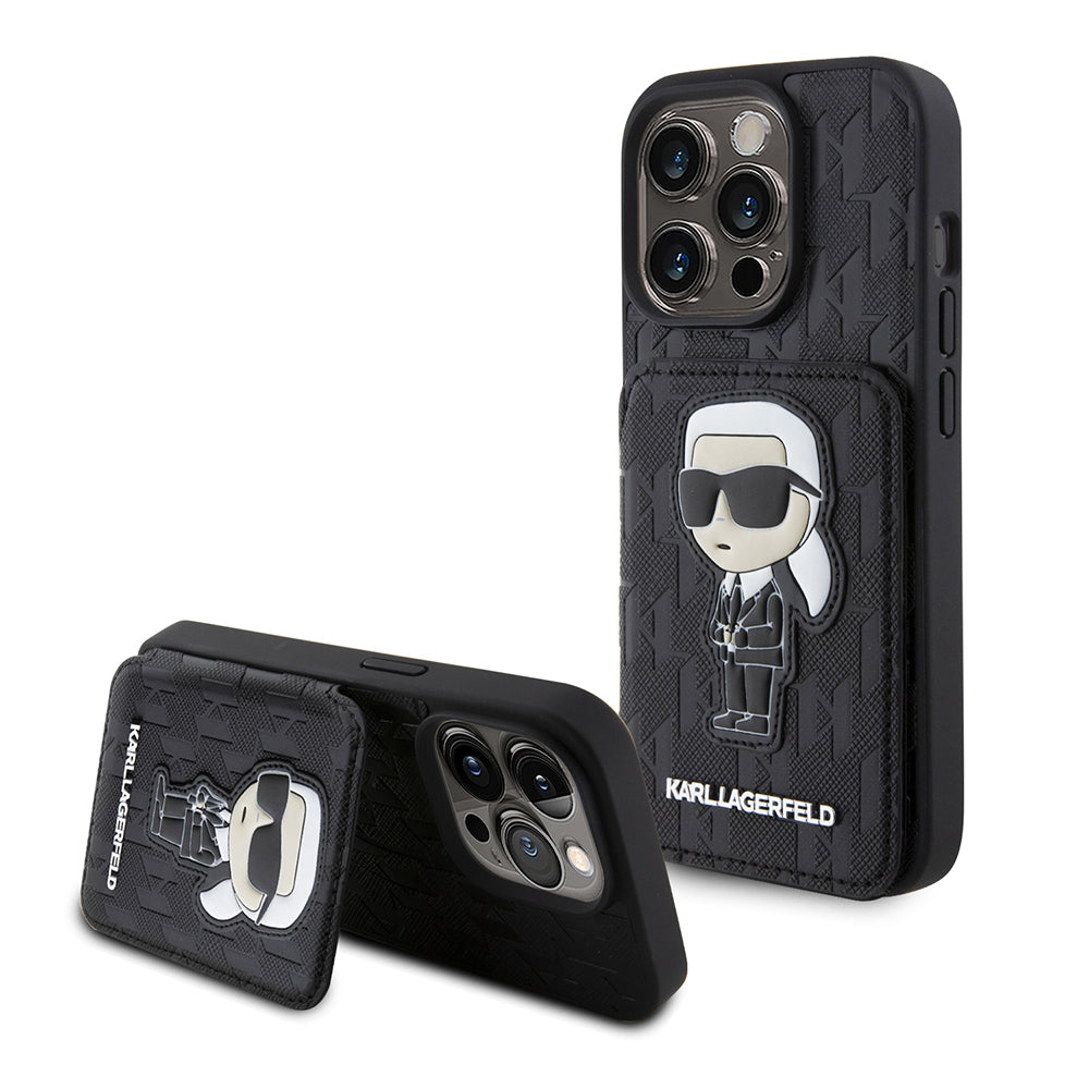 Custodia per Apple iPhone 15 Pro, Karl Lagerfeld, Saffiano Cardslots and Stand Monogram Ikonik Karl, Nera