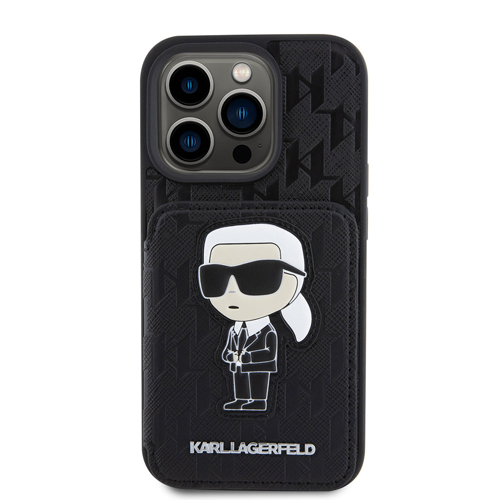 Custodia per Apple iPhone 15 Pro, Karl Lagerfeld, Saffiano Cardslots and Stand Monogram Ikonik Karl, Nera