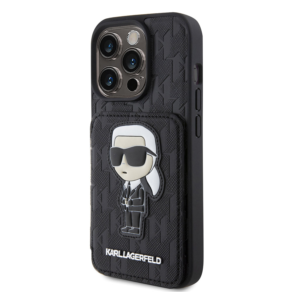 Custodia per Apple iPhone 15 Pro, Karl Lagerfeld, Saffiano Cardslots and Stand Monogram Ikonik Karl, Nera