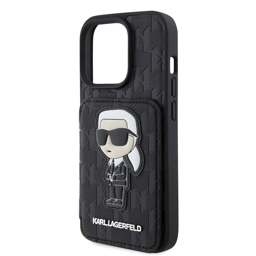 Custodia per Apple iPhone 15 Pro, Karl Lagerfeld, Saffiano Cardslots and Stand Monogram Ikonik Karl, Nera