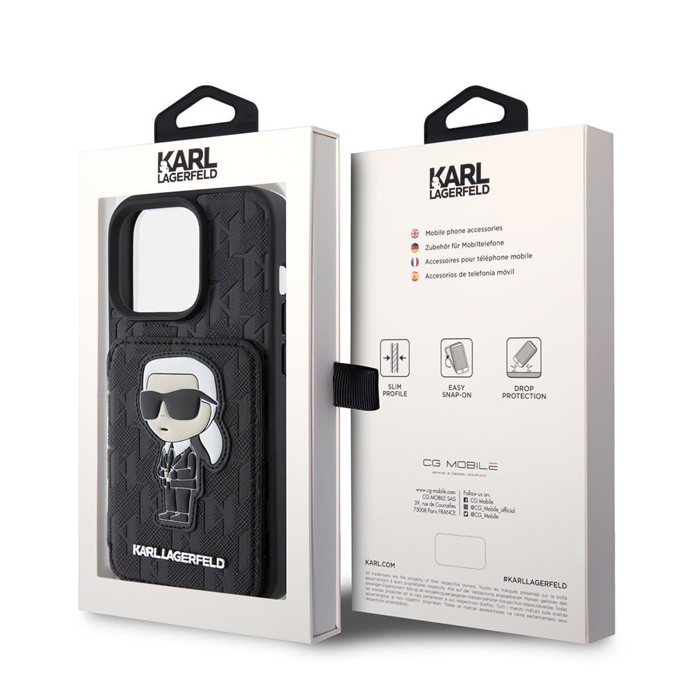 Custodia per Apple iPhone 15 Pro, Karl Lagerfeld, Saffiano Cardslots and Stand Monogram Ikonik Karl, Nera