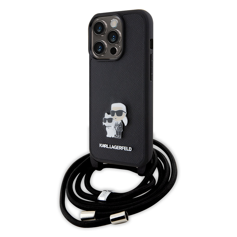 Custodia per Apple iPhone 15 Pro, Karl Lagerfeld, Saffiano Crossbody Metal Pin Karl & Choupette, Nera