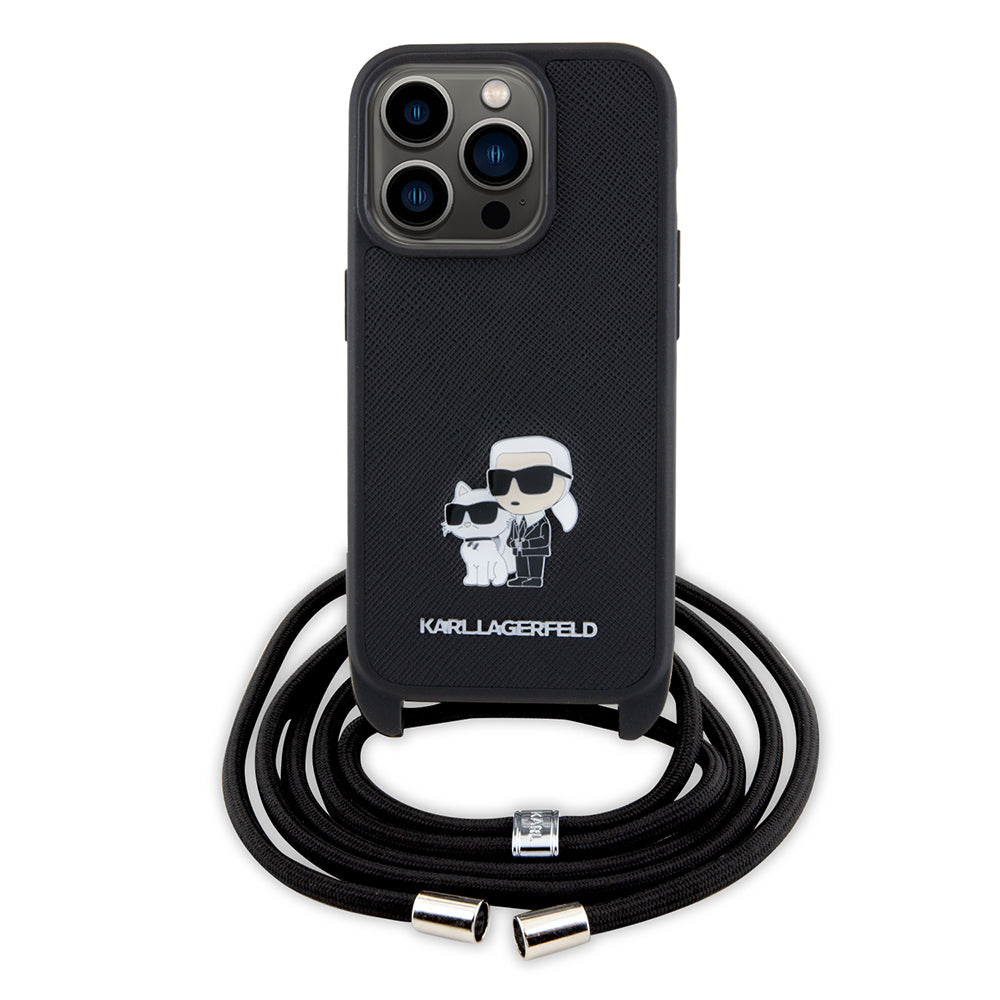 Custodia per Apple iPhone 15 Pro, Karl Lagerfeld, Saffiano Crossbody Metal Pin Karl & Choupette, Nera