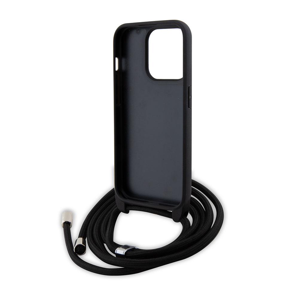 Custodia per Apple iPhone 15 Pro, Karl Lagerfeld, Saffiano Crossbody Metal Pin Karl & Choupette, Nera