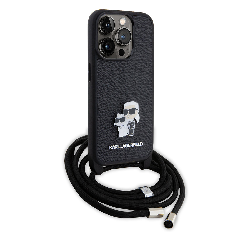 Custodia per Apple iPhone 15 Pro, Karl Lagerfeld, Saffiano Crossbody Metal Pin Karl & Choupette, Nera