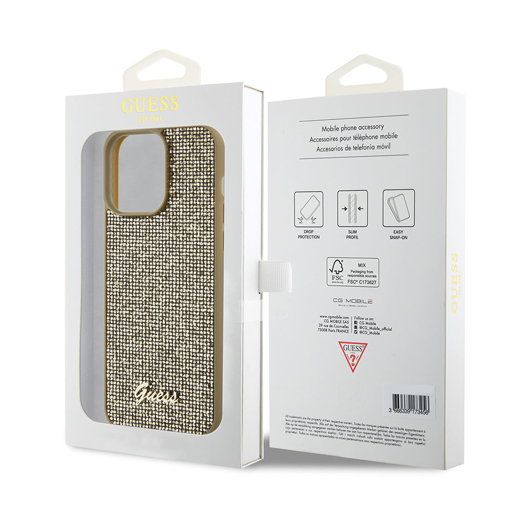 Custodia per Apple iPhone 15 Pro Max, Guess, Disco Metal Script, Dorata
