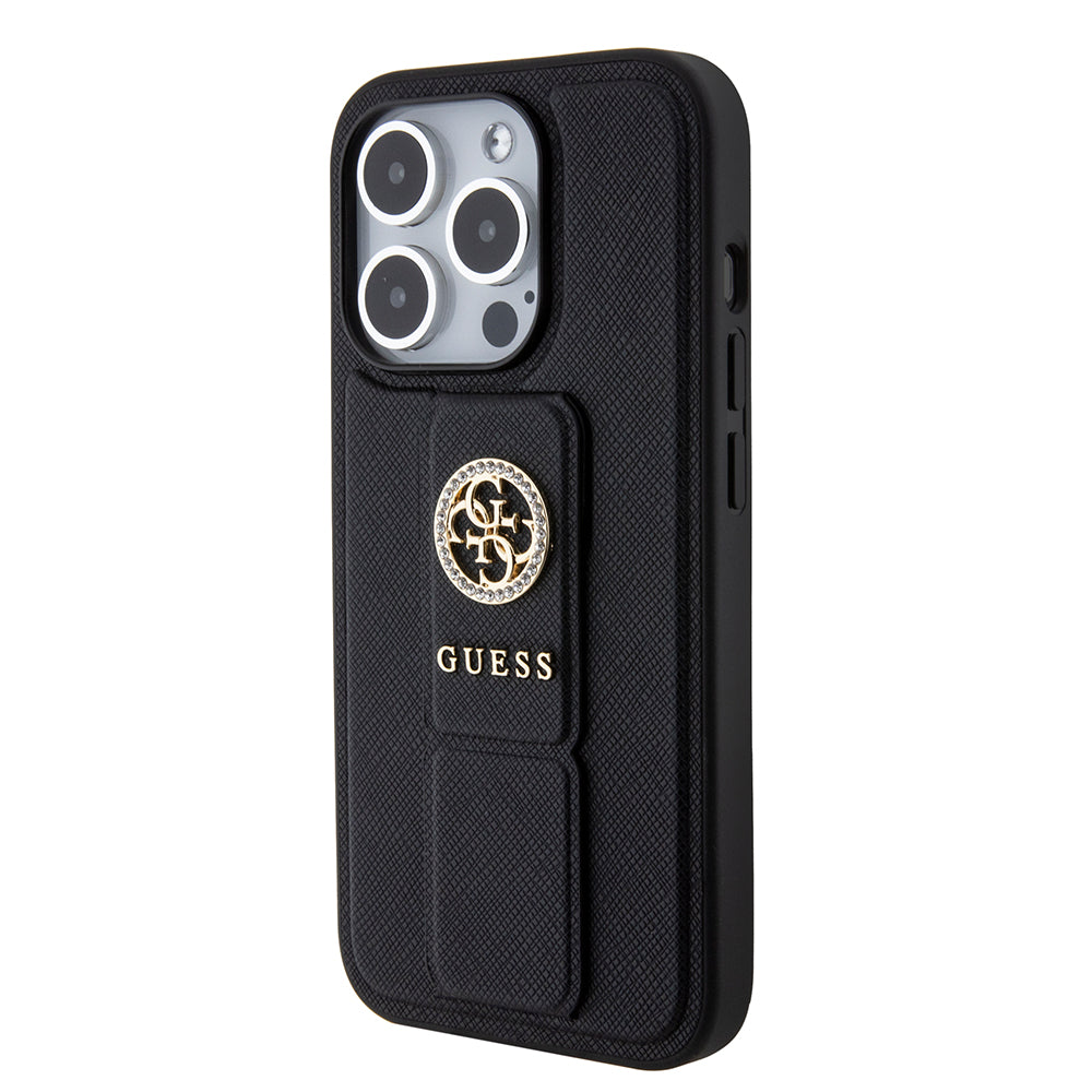Custodia per Apple iPhone 15 Pro Max, Guess, Grip Stand 4G Saffiano Strass, Nera