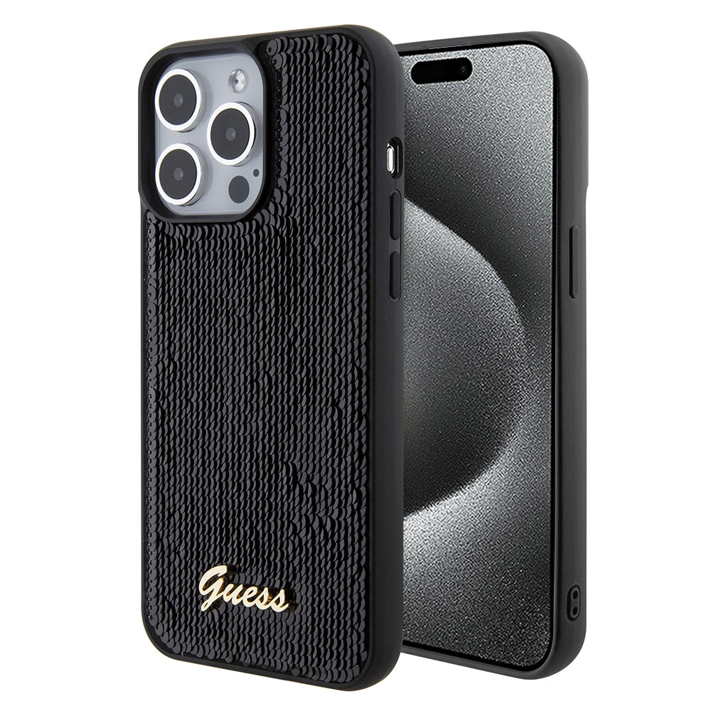 Custodia per Apple iPhone 15 Pro Max, Guess, Sequin Script Logo, Nera GUHCP15XPSFDGSK