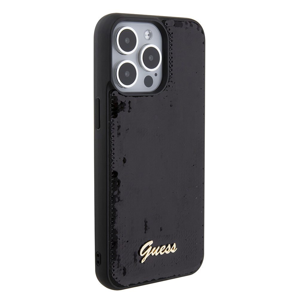 Custodia per Apple iPhone 15 Pro Max, Guess, Sequin Script Logo, Nera GUHCP15XPSFDGSK