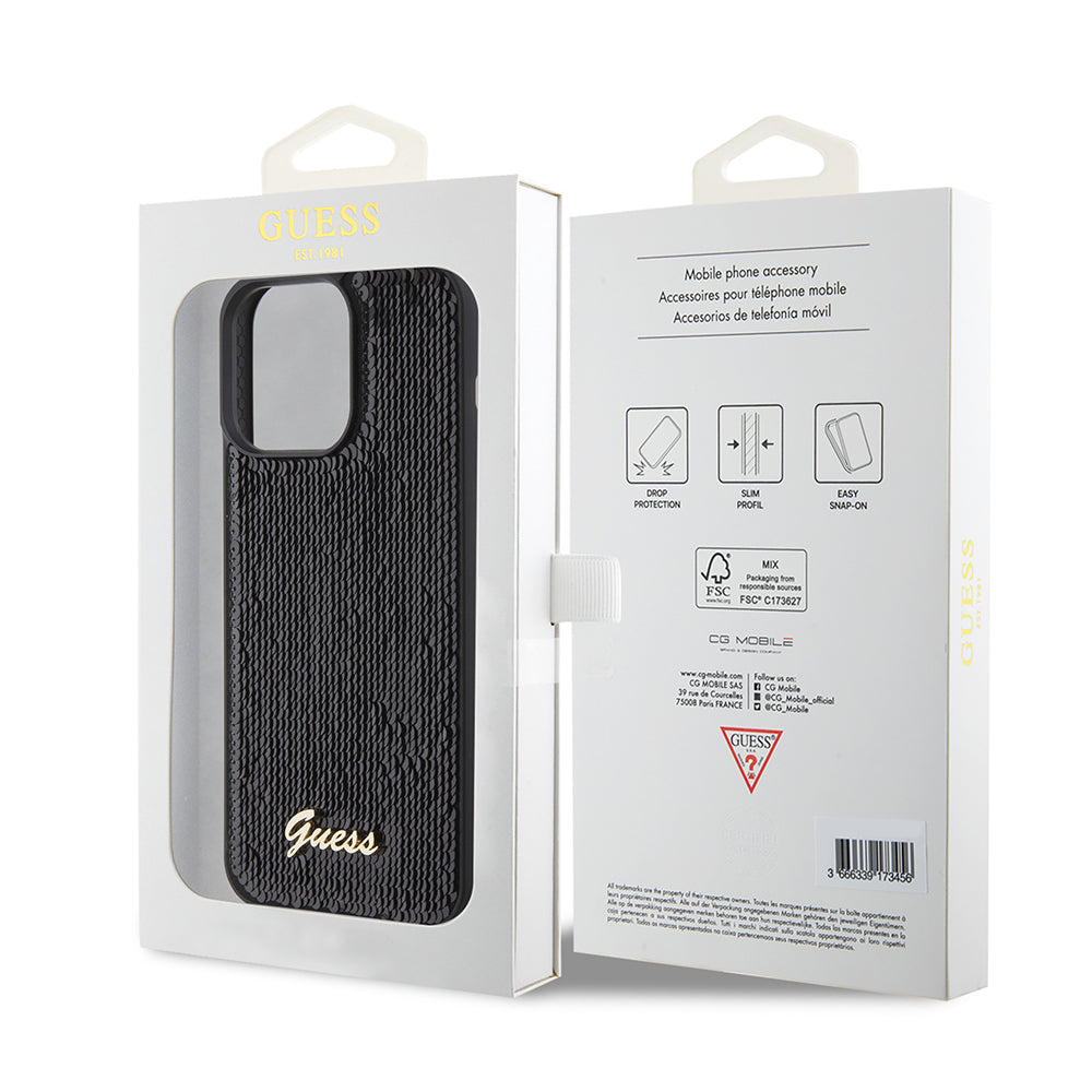 Custodia per Apple iPhone 15 Pro Max, Guess, Sequin Script Logo, Nera GUHCP15XPSFDGSK