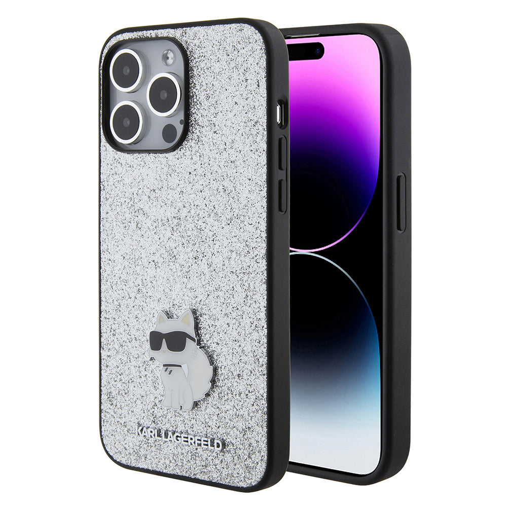 Hülle für Apple iPhone 15 Pro Max, Karl Lagerfeld, Glitter Fixed Choupette Logo, Silbern