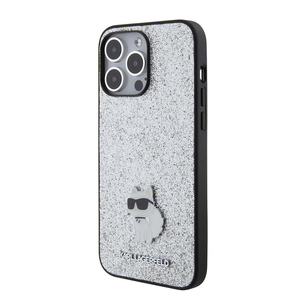 Hülle für Apple iPhone 15 Pro Max, Karl Lagerfeld, Glitter Fixed Choupette Logo, Silbern
