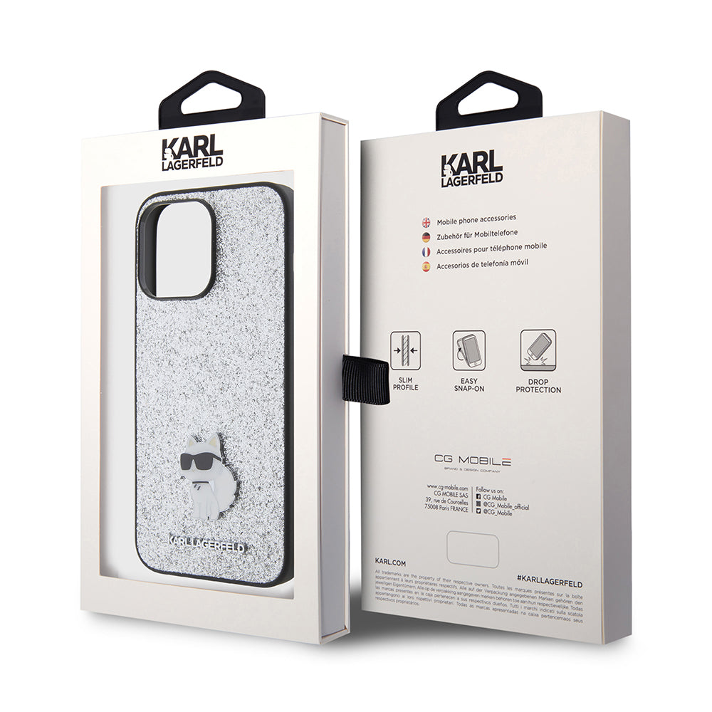Hülle für Apple iPhone 15 Pro Max, Karl Lagerfeld, Glitter Fixed Choupette Logo, Silbern