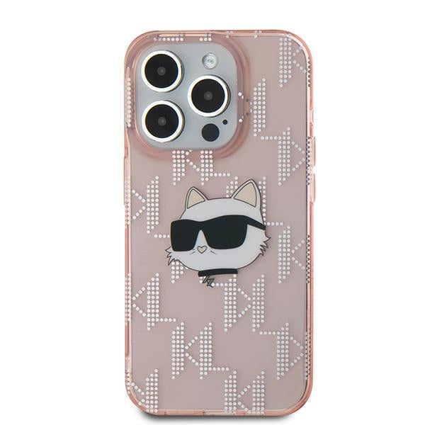 Custodia per Apple iPhone 15 Pro Max, Karl Lagerfeld, IML Luxury Monogram Choupette's Head, Rosa