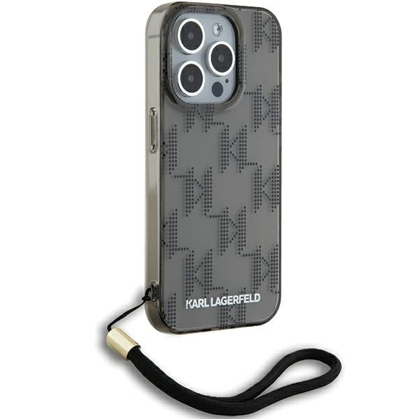 Custodia per Apple iPhone 15 Pro Max, Karl Lagerfeld, IML Luxury Monogram KL Pattern with Strap, Nera