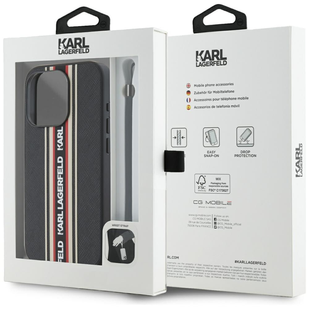 Custodia per Apple iPhone 15 Pro Max, Karl Lagerfeld, Saffiano Athleisure Stripes with Strap, Rosie