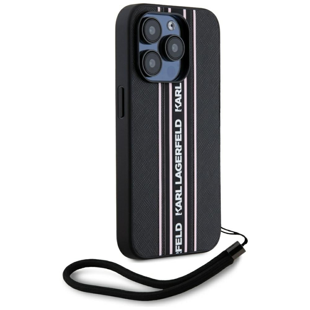 Custodia per Apple iPhone 15 Pro Max, Karl Lagerfeld, Saffiano Athleisure Stripes with Strap, Rosa