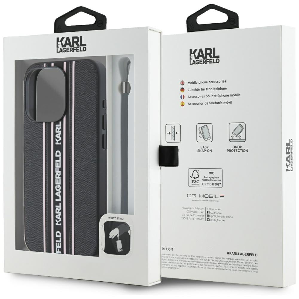 Custodia per Apple iPhone 15 Pro Max, Karl Lagerfeld, Saffiano Athleisure Stripes with Strap, Rosa