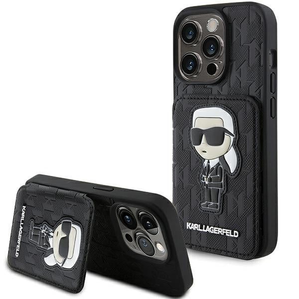 Custodia per Apple iPhone 15 Pro Max, Karl Lagerfeld, Saffiano Cardslots and Stand Monogram Ikonik Karl, Nera