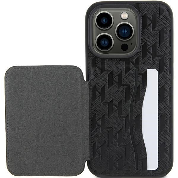 Custodia per Apple iPhone 15 Pro Max, Karl Lagerfeld, Saffiano Cardslots and Stand Monogram Ikonik Karl, Nera