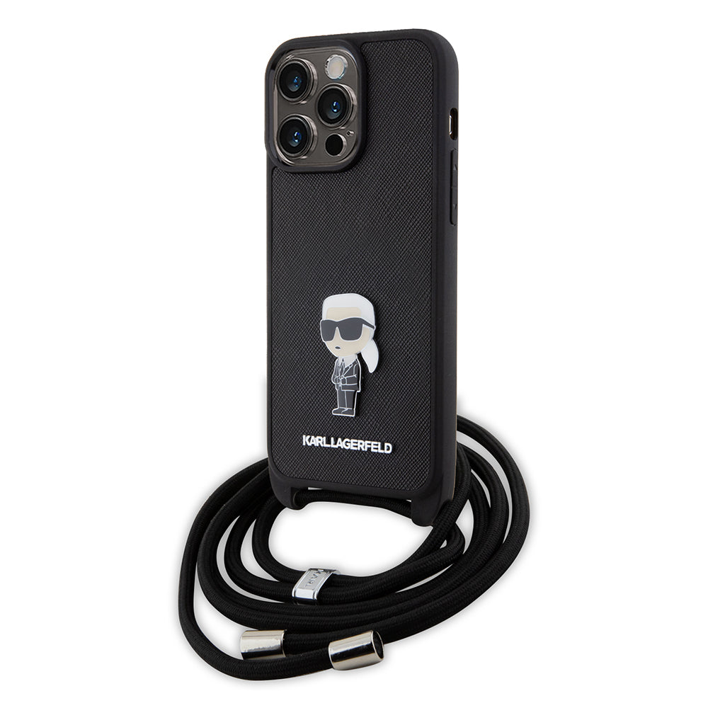 Custodia per Apple iPhone 15 Pro Max, Karl Lagerfeld, Saffiano Crossbody Monogram Metal Pin Karl, Nera