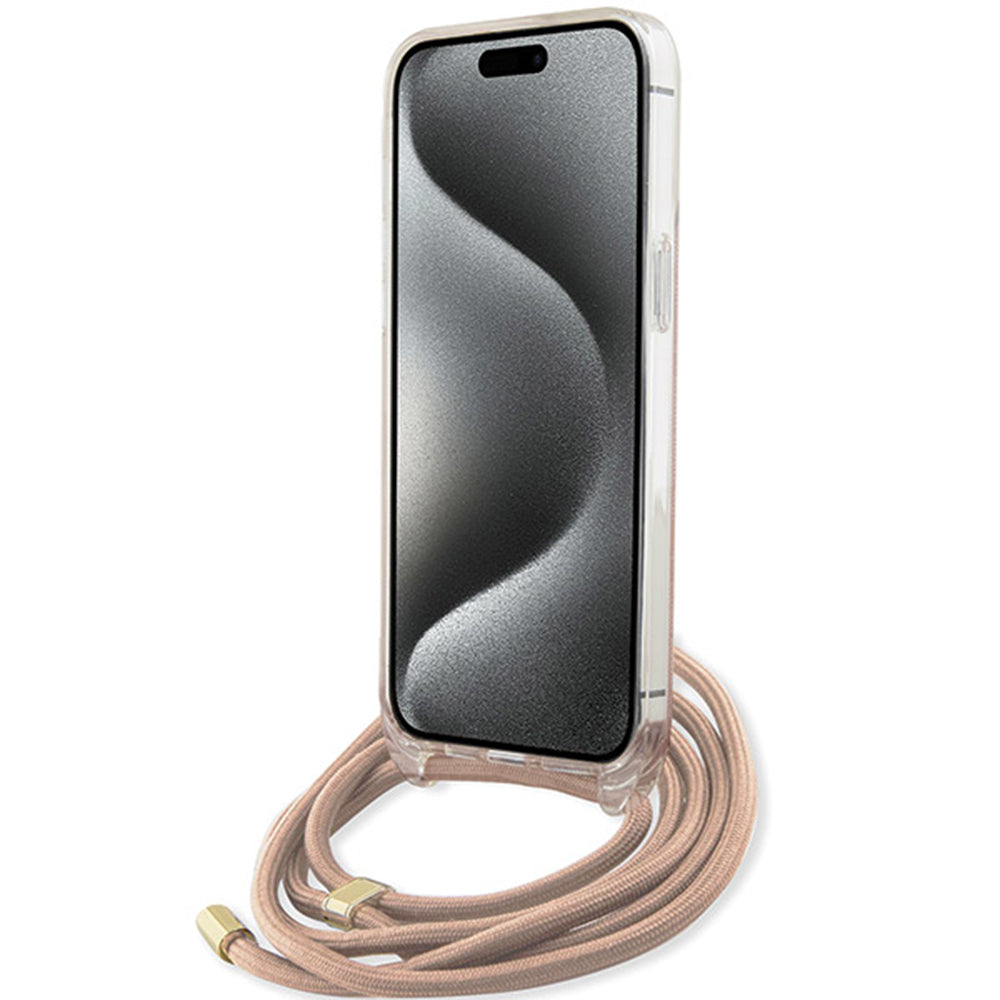 Custodia per Apple iPhone 16, Guess, Crossbody Cord 4G Print, Rosa