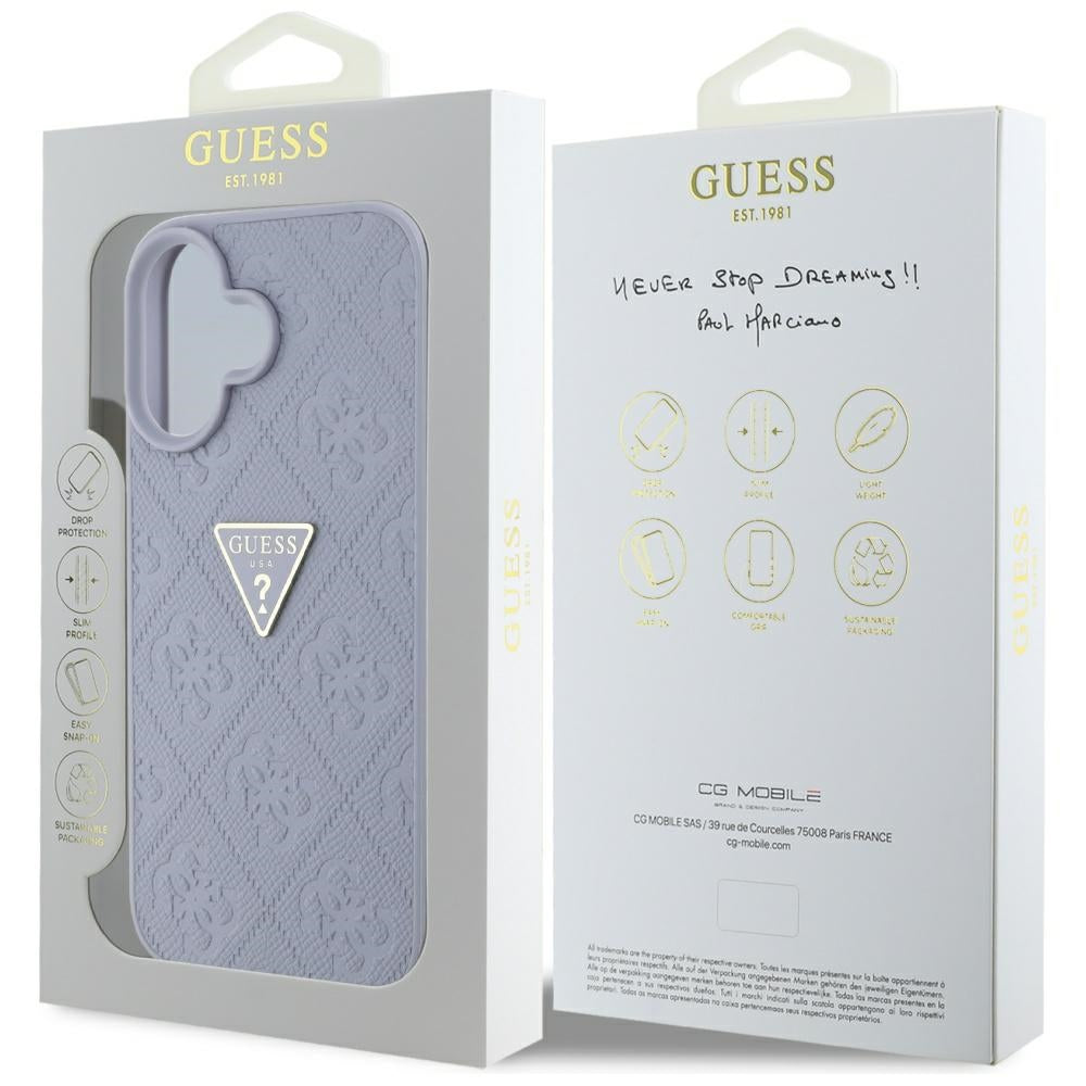 Hülle für Apple iPhone 16, Guess, Hot Stamp 4G Pattern Triangle Logo, Helles Lila