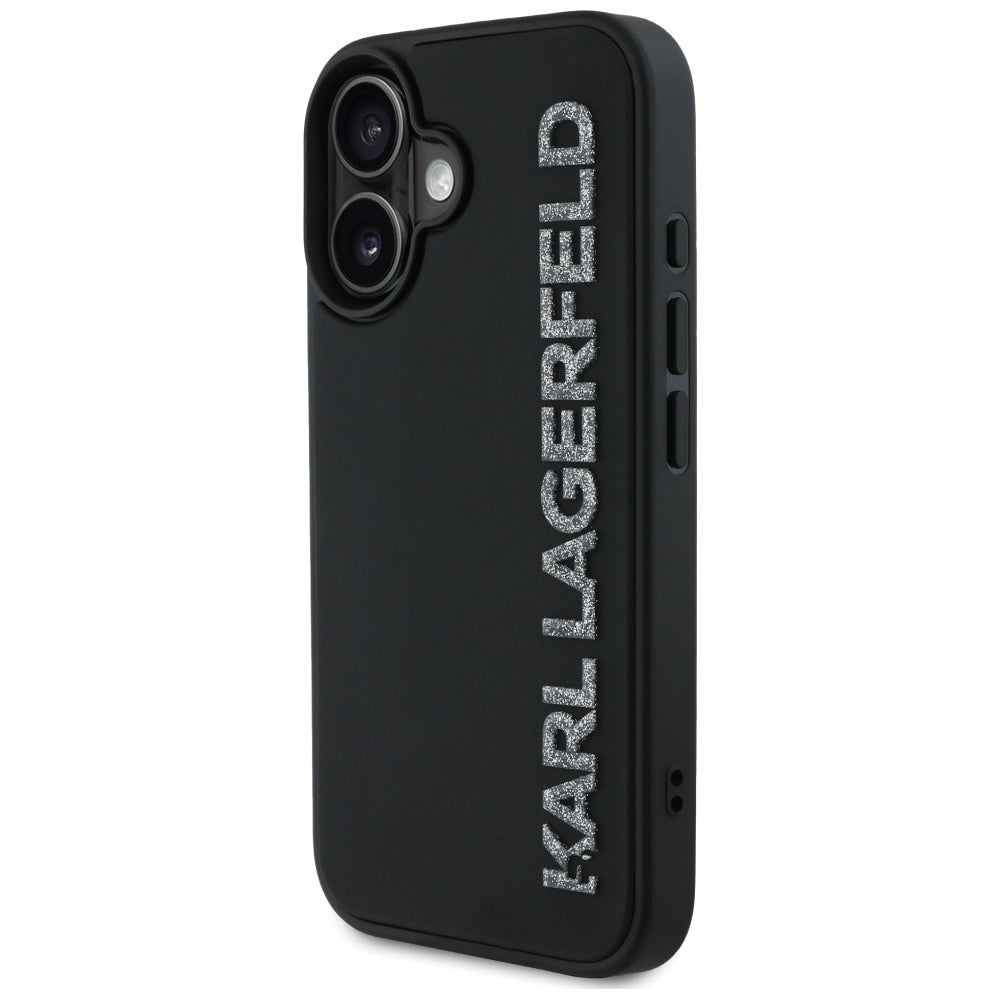 Hülle für Apple iPhone 16, Karl Lagerfeld, 3D Rubber Elongated Glitter Logo, Schwarz
