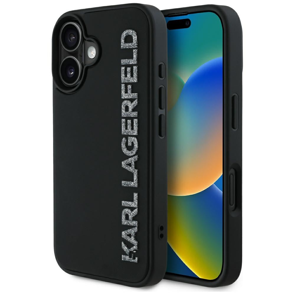 Hülle für Apple iPhone 16, Karl Lagerfeld, 3D Rubber Elongated Glitter Logo, Schwarz