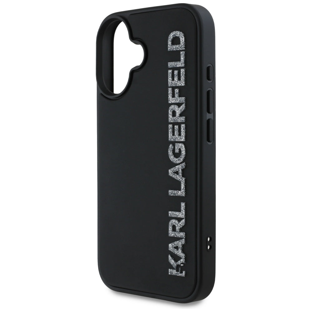 Hülle für Apple iPhone 16, Karl Lagerfeld, 3D Rubber Elongated Glitter Logo, Schwarz