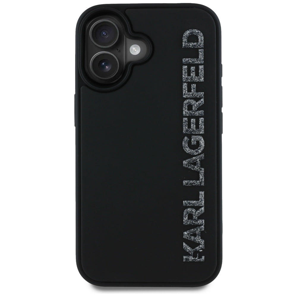 Hülle für Apple iPhone 16, Karl Lagerfeld, 3D Rubber Elongated Glitter Logo, Schwarz