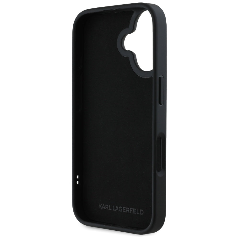 Hülle für Apple iPhone 16, Karl Lagerfeld, 3D Rubber Elongated Glitter Logo, Schwarz