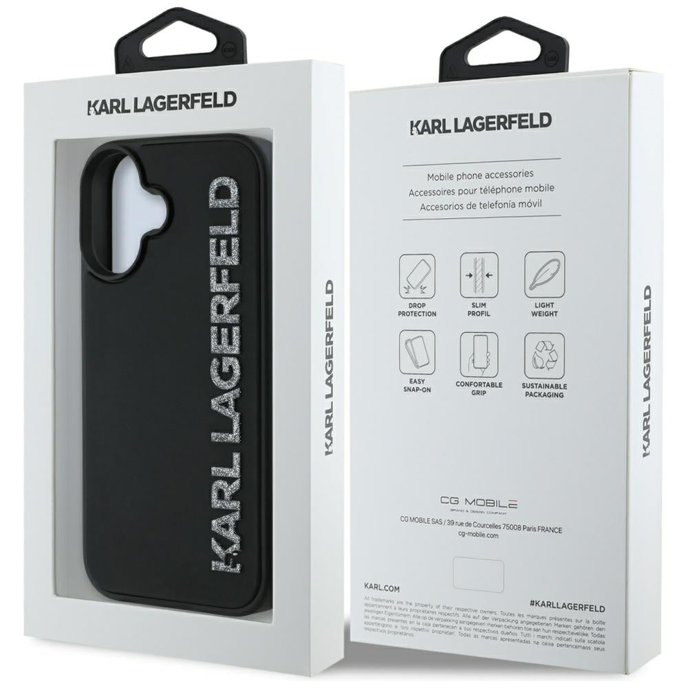 Hülle für Apple iPhone 16, Karl Lagerfeld, 3D Rubber Elongated Glitter Logo, Schwarz