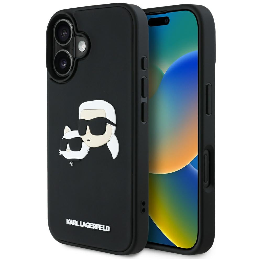 Étui pour Apple iPhone 16, Karl Lagerfeld, 3D Rubber Karl & Choupette, Noir